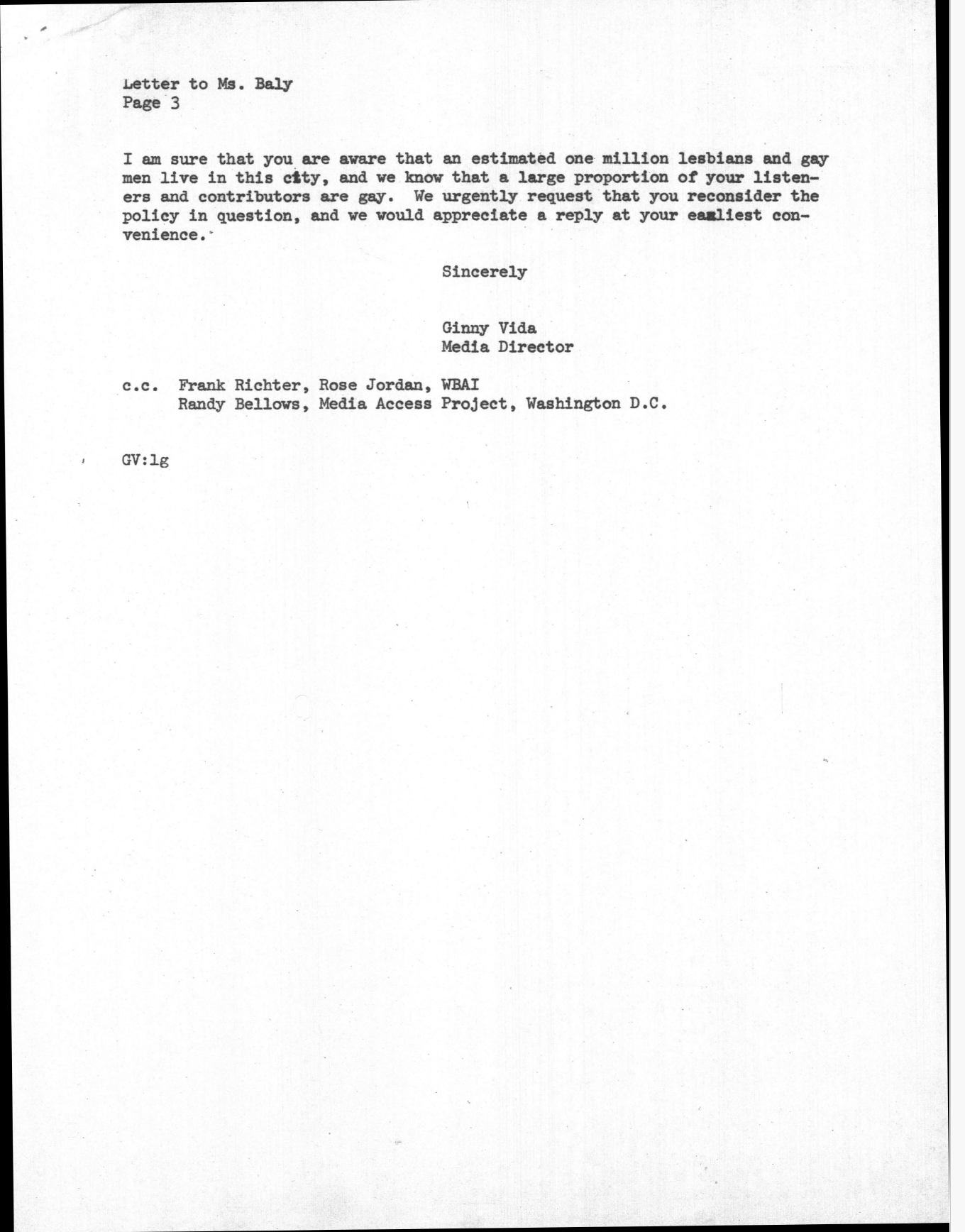 Letter to Elaine Baly